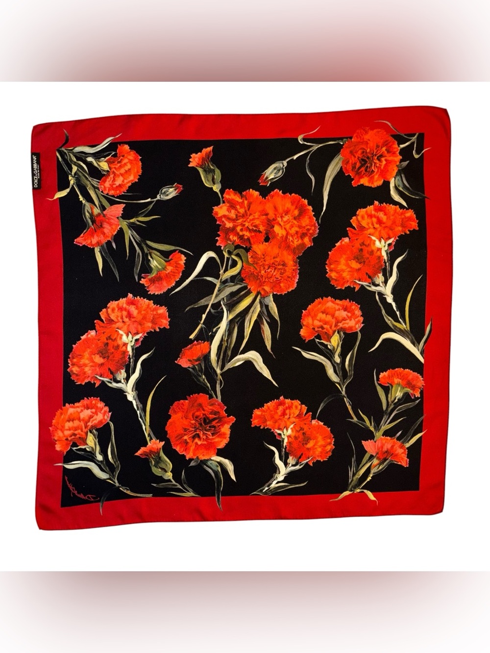 Dolce & Gabbana Red Carnation Fondo Nero Silk Scarf 70cm Square Made in Italy - Picture 8 of 10
